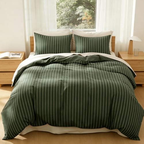Lanqinglv Gestreift Bettwäsche 155x220 Dunkelgrün Streifen Wendebettwäsche,Kuscheli g ÖKO-TEX Bettwäsche für Allergiker Geeignet,1 Grün Bettbezug & 1 Kissenbezug 80x80 cm