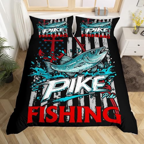 Loussiesd Hecht Angeln Bettwäsche Set 135x200cm Amerikanische Flagge Bettbezug für Kinder Mädchen Jungs Schiff Anker Betten Vintage Retro Bettwäsche-Set