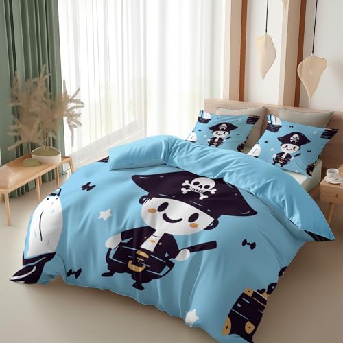 Srigzcaly Bettwäsche 135 X 200 cm Cartoon Piraten Schatztruhe Bettbezug Atmungsaktives Leichtgewicht Mikrofaser Mit 2 Kissenbezug, Hellblau Bettwäsche Sets Für Kinder Jugendliche Erwachsene