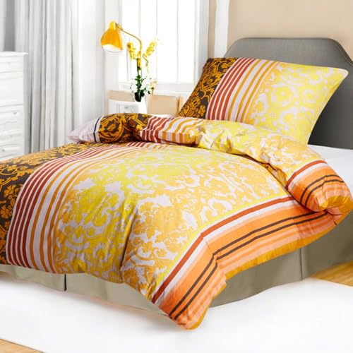 KACEMOO Bettwäsche 135x200 Baumwolle, Bettwäsche-Sets Oeko-TEX Bedding mit Reißverschluss Bettbezüge Atmungsaktiv & kuschelig, Bettbezug 135x200 + Kissenbezug 80x80, Gelb Blumen Streifen 120 g/m² KACEMOO Bettwäsche 135x200 Baumwolle, Bettwäsche-Sets Oeko-TEX Bedding mit Reißverschluss Bettbezüge Atmungsaktiv & kuschelig, Bettbezug 135x200 + Kissenbezug 80x80, Gelb Blumen Streifen 120 g/m²