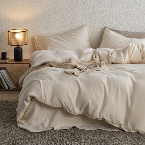 Sedefen Doppelte Musselin Bettwäsche 200x220 Baumwolle,Creme Bettwäsche Sets Beige ÖKO-TEX Bettwäsche mit Reißverschluss,Bettbezug mit 2 Kissenbezüge 80x80 cm