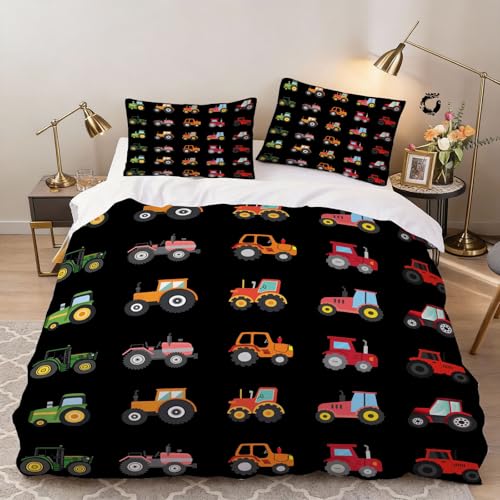Hongduo 3D Karikatur Traktor Bettwäsche 135x200 cm Weich Mikrofaser Kind Junge Bettwäsche-Sets mit Reißverschluss 3 Teilig Bettbezüge mit 2 Kissenbezug 80x80 cm