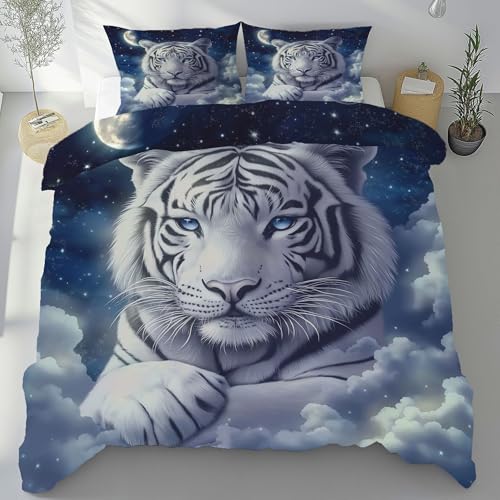 Weißer Tiger Bettwäsche Set 2 Teilig Einzelbett, Tiger Sternenhimmel Bettbezug Bügelfrei, Geheimnis Fantasy Tiermotiv Mikrofaser Bettwäsche 135x200 Weich mit Reißverschluss und 1 Kissenbezug 80x80