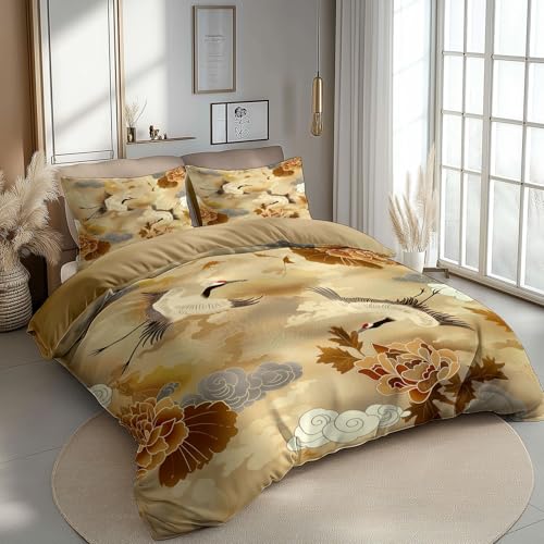 CozyRest Traditionelle Blumen und Vögel Orientalisch Bettwäsche Set Braun Bettdeckenbezug mit Reißverschluss Pflegeleicht Mikrofaser Hypoallergen 180 x 200 cm 2 Kissenbezug 80x80 cm