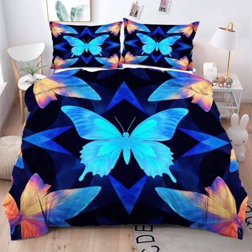 ZZXHG Bettwäsche 200x200 Blauer Schmetterling Print, 3 Teilig Atmungsaktive Mikrofaser Bettbezug Set, Bettbezüge mit Reißverschluss + 2 Kissenbezug 80x80 cm_A3245