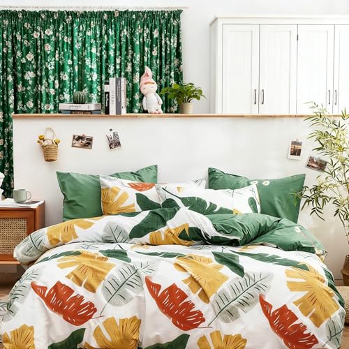 Generisch 3-teiliges Zweiseitiges Bettwäsche-Set Mikrofaser (200x220cm + 2x80x80cm) – Sommer Palmenblatt-Muster/Grün Unifarben, Weich & Maschinenwaschbar