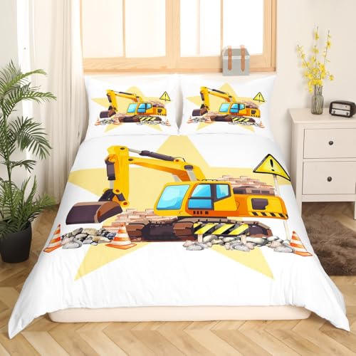 Loussiesd Bagger Bettwäsche Set 135x200cm BAU Bettwäsche-Set für Kinder Mädchen Jungen Schlafzimmer Dekor Baufahrzeuge Bettbezug Set Gelb Weiß 2Stück BAU Gebäude Autos Drucken Bettbezug