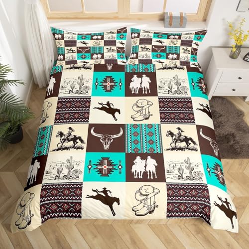 Western Cowboy Bettbezug Set M Größe,Kuh Schädel Wüste Kaktus Bettwäsche,Rustikale Azteken Tribal gestreifte Tröster Abdeckung,Kinder Erwachsenen Dekor,Braun Türkis geometrische Plaid Quilt Cover