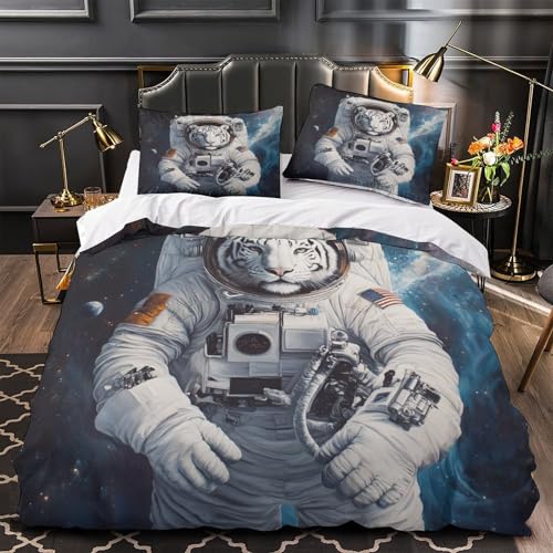 VWENOLRIX Weltraumtiger-Astronaut 3D Bedruckt Deckenbezug 3teilig Mikrofaser fleckenfest Fantasy-Weltraumabenteuer Bettdeckenbezug 2 Kissenbezüge Abriebfest Familie Gäste Single?140x200cm?