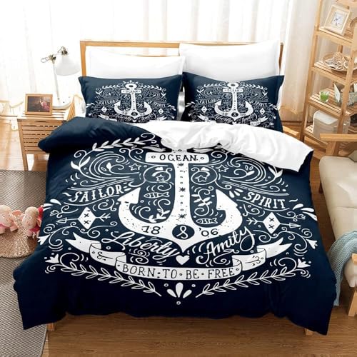 NUEYSP Bettwäsche 200x220 Anker Bettwäsche-Sets 3D-Motiv, Mikrofaser, 1 Bettbezug 200x220 + 2 Kissen 80x80 mit Verdecktem ReißVerschluss für Mädchen Jungen.