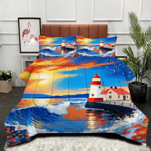 Gumntun Bettdecke 140×200 cm Blauer Meer Leuchtturm, Weiche Microfaser Bettwäsche, Nnovativ & Atmungsaktive Steppdecke für Jugendliche Erwachsene, 2 Kissenbezüge 80×80 cm_B213