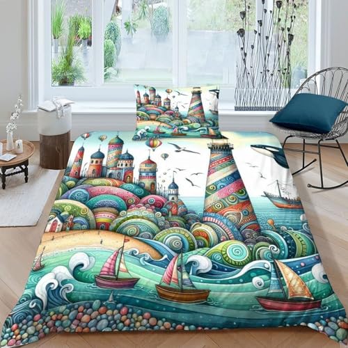 HOGDISAJD Leuchtturm am Meer Bettwäsche Weiche Feder Landschaft 3D Gedruckt LuxusBettwäsche Sets Mit Reißverschluss Bettdeckenbezug 2 Stück Zimmer DekoRatteive Single?135x200cm?
