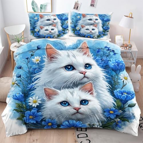 ZZXHG Bettwäsche 155x220 WeißE Katze, Weich Mikrofaser Kinderbettwäsche Set Jungen Mädchen Einzelbett, Bettbezug Set mit Reißverschluss und 2 Kissenbezug 80x80 cm