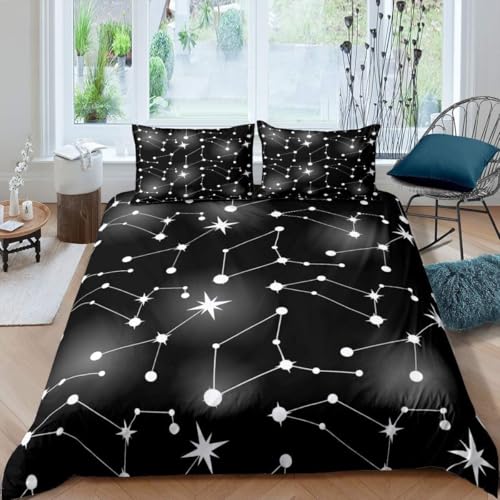 Bettwäsche 155x220 cm WeißE Sterne mit WeißEn Punkten 3 Teilig Bettbezug 155 x 220 Schwarze Muster Bettwäsche-Sets 3D Weiche Mikrofaser Bettbezug Set mit Reißverschluss + 2 Kissenbezüge g-754