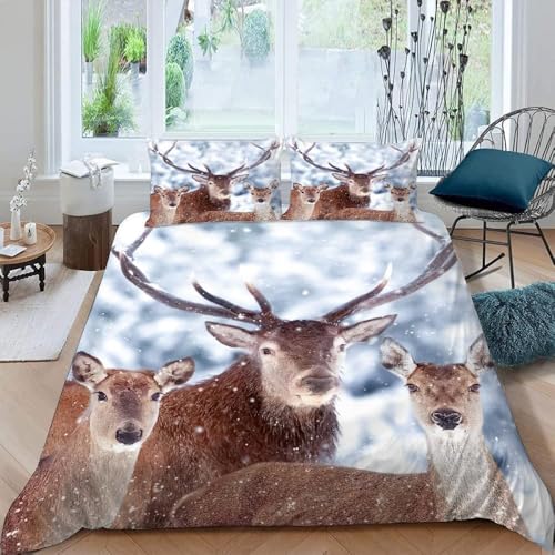 Bettwäsche 140x200 cm Hirsch 3 Teilig Bettbezug 140 x 200 Schneeszene Bettwäsche-Sets 3D Weiche Mikrofaser Bettbezug Set mit Reißverschluss + 2 Kissenbezüge h-1875