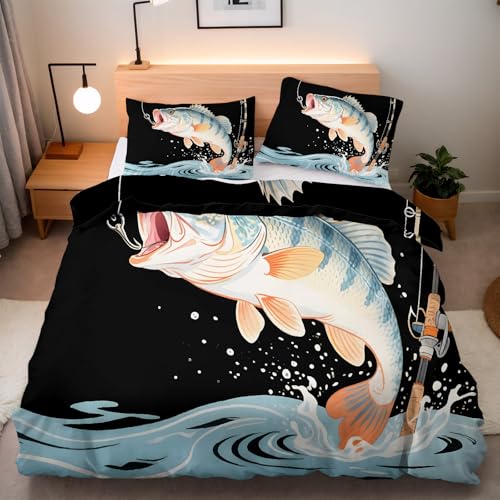Bettwäsche 135x200 Fisch Wellen Bettwäsche-sets 3D Muster Flauschig Mikrofaser Artikel Bettbezug Angeln-Cartoon Warm Weiche Bettbezüge mit ReißVerschluss Und EckbäNdern+2 Kissenbezug 80x80 cm