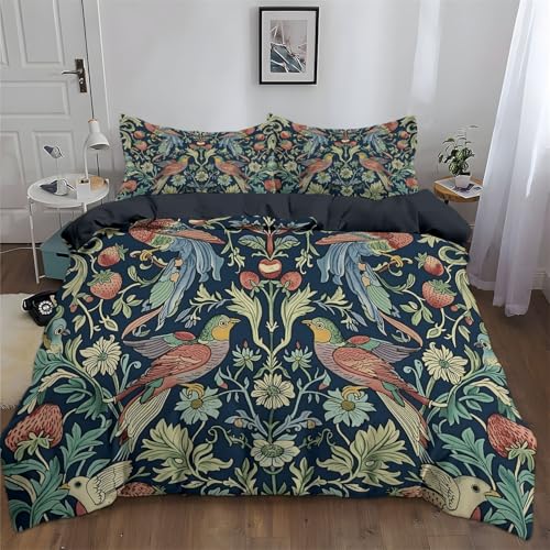 Srigzcaly Marineblau Bettwäsche-Set, Erdbeerdieb Im William Morris-Stil Wendebettwäsche mit Reißverschluss - 1 Weich & Bügelfrei Microfaser Bettbezug 135 x 200 cm + 2 Kissenbezügen 80x80