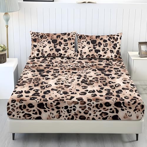 Wanyint Bettwäsche-Set, 3-teilig, King-Size, bequem, pflegeleicht, langlebig, Bettlaken und Kissenbezüge für King-Size-Bett für Damen, Beige-Braun, Leopardenmuster