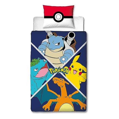 Character World Pokemon Offiziell Lizenziertes Divide Design Einzelbett-Bettbezug-Set | wendbare zweiseitige Pikachu-Figuren Bettwäsche inklusive passendem Kissenbezug | perfekt für Kinderzimmer |