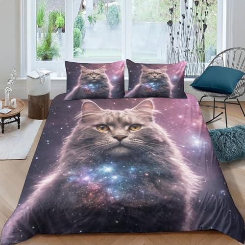 Bettzeug Kosmische Katze Bettwäsche Kissenbezüge Steppen Kunst Haustiere Bettbezug MikrofaserBettdecke Decken Set 3 Teilig 3D Druck Foto Bettzeug Für Jugendliche Kinder Schlafzimmer King?220x240cm?