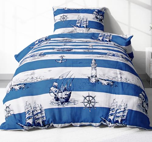 Heubergshop 2-teilige Renforcé Bettwäsche 155x220cm + 80x80cm - Leuchtturm, Maritime, Anker, Schiff, Striefen, Meer - 100% Baumwolle, Bettgarnitur (736-2-Renforce)