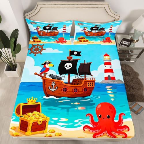 Manfei Cartoon-Piraten Einbaublech M Größe,Niedliche Octopus Papagei Sealife Bettwäsche Sets Kinder Mädchen Jungen Zimmer Dekor,Nautischer Ruder Leuchtturm Blatt Set, 1 Kissenbezug
