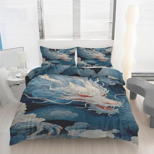 Drachen Bettwäsche 200x200, Mythisches Wesen Wendebettwäsche, Orientalischer Stil Motiv Bettbezug mit Reißverschluss, Weiche Mikrofaser Bettwäsche Sets 3 Teilig mit 2 Kissenbezug 80x80 S236b