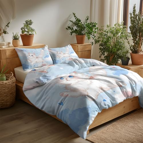 Bettwäsche-Sets 155 x 220 cm Cartoon Himmel Katze Microfaser Bettwäsche Set Bettbezug, mit Reißverschluss Weich und Bügelfrei, Hellblau, für Kinder Mädchen