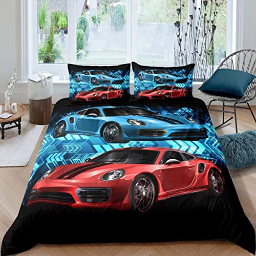 Homemissing Bettwäsche-Set für Autos, 220 x 240 cm, Pfeil, Bettbezug, Sportwagen, Rennwagen, Rot, Blau, Schwarz, atmungsaktiv, Zimmerdekoration, helle