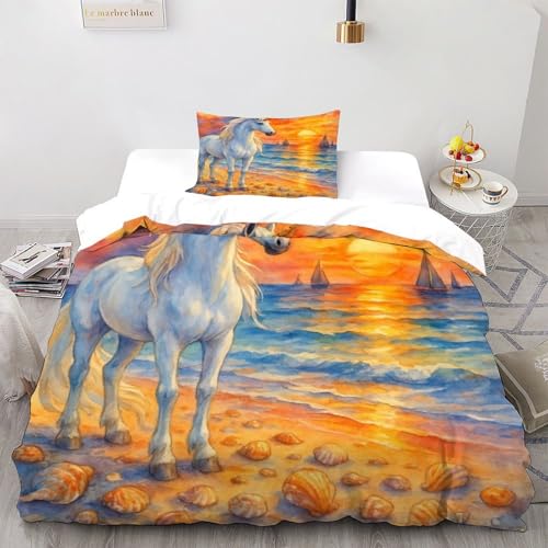 DUVERTDB Sunset Weißes Pferd Bettbezug Bettwäsche Sets 2 teilig Kinderbettwäsche Reißverschluss Kissenbezügen Betten Set Niedliche Tiere Für Jugendliche Kinder Schlafzimmer Single?135x200cm?