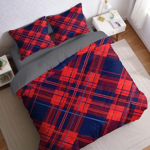 Schottland Bettwäsche Set 200x200 cm 3 teilig Mikrofaser Bettbezug Rot Kariertes Muster weiche Allergiker Bettwäsche mit Reißverschluss für Doppelbett
