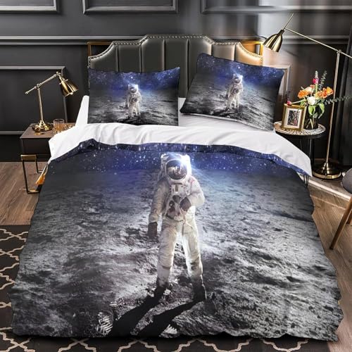 Astronaut Bettwäsche 135x200 3D Drucken Mondoberfläche Bettwäsche-Sets Weiche Kuschelig Mikrofaser Bettbezug mit 2 Kissenbezüge 80x80 cm mit Reißverschluss BC-164