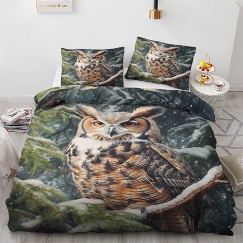 Eule Deko - Eule Bettwäsche 135x200 Winter, 3D Vogel Bettbezug 135 x 200 2er Set mit 1 Kissenbezug 80x80, Weiche Mikrofaser Winterbettwäsche mit Reißverschluss Q*&254
