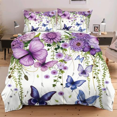 Fotmung Bettwäsche 220x240 Lila Schmetterling Blume, 3D Druck Mikrofaser Bettbezug 220 x 240 cm mit 1 Kissenbezug 80 x 80 cm, BettwäSche Set Geeignet für Kinder und Erwachsene