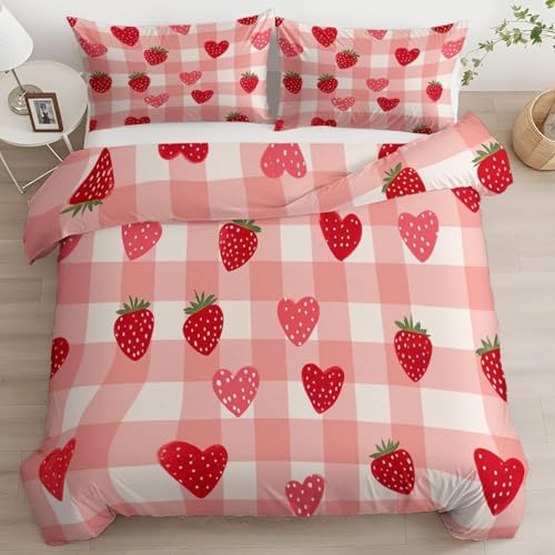 Bettwäsche 140x200 Rote Früchte 3D Druck Bettbezug 140x200 Kariertes Muster Bettwäsche-Sets Weiche Mikrofaser Bettwäsche Set 3 Teilig Bettbezüge für Einzelbett mit 2 Kissenbezüge H-682