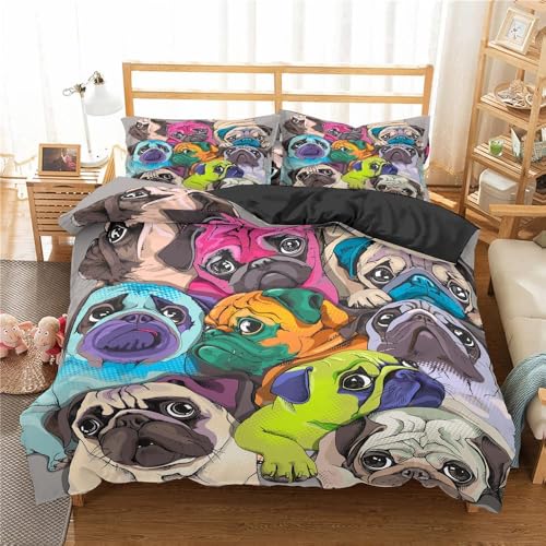 LMMSMGS Bettwäsche 200x200 Mops Bettwäsche-Sets– Weiches Mikrofaser-Set mit Bettbezug 200x200 + 2 Kissenbezüge 80x80 mit Reißverschluss Eckbinder für Mädchen Jungen