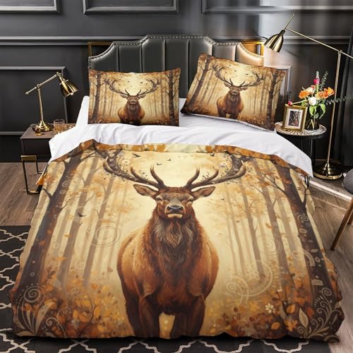 3D-Digitaldruck mit Herbst-Hirsch, 3-teilig, Mikrofaser, lichtbeständig, weich, Waldtiere, Bettbezug, 2 Kissenbezüge, Reißverschluss, Bettwäsche, Familie und Gäste, Super-King-Size-Bett (260 x 220 cm)