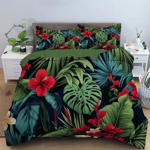 Türkis Bettbezug Set 3 Teilig, 155x220CM Motiv Aquarell Palmblätter -3D-Muster Bettbezug, Tropische Pflanzen Blumen Reißverschluss Bettwäsche-Set, Weiche Wende Bettwäsche mit 2 *80x80cm Kissenbezüge