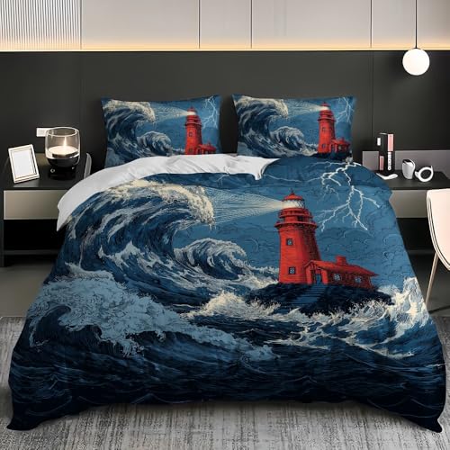 Mikrofaser Bettwäsche Set 3-teilig mit Reißverschluss – Blau Bettbezug 135x200 cm und 2 Kissenbezüge 80x80, Meer Wellen Roter Leuchtturm Weiches Atmungsaktives Bettdeckenbezug für Kinder