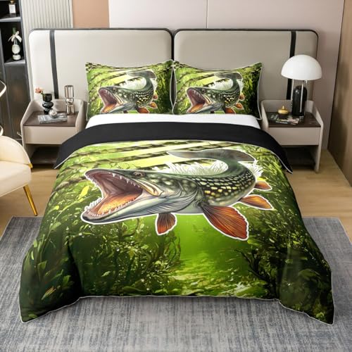 Loussiesd Angeln 100% Baumwolle Bettwäsche Set 135x200cm Kinder Angeln Jagd Bettbezug für Jungen Teens Hecht Fisch Betten Atmungsaktive Fischer Fisch Mann Bettwäsche-Set Zimmer Dekor