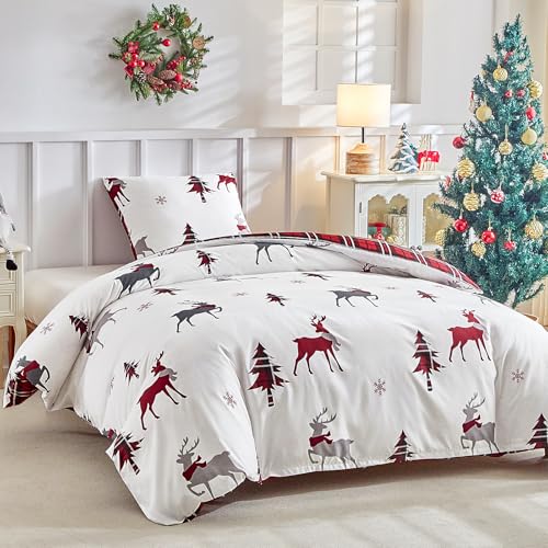 Lekesky Weihnachts Bettwäsche 135x200, Weißer Bettbezug mit Festlichen Motiven von Weihnachtsbäumen und Elchen, 2teilig Bettwäsche Set mit Kopfkissenbezug mit Reißverschluss 80x80cm*1
