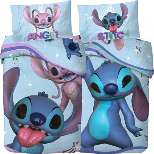 Disney Lilo & Stitch Bettwäsche Angel & Stitch 135x200 cm + 80x80 cm 100% Baumwolle Renforcé-Linon Qualität Wendemotiv Kinderbettwäsche weich atmungsaktiv Geschenk