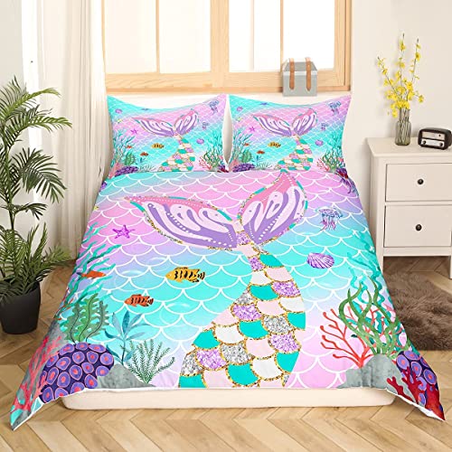 Meerjungfrauen Schwanz Bettbezug Fischschuppen Bettbezug für Kinder Girly 135 x 200 Regenbogen Bettwäsche Set Ozean Leben Meerestier Bettwäsche Pailletten Pastellrosa Pailletten Schlafzimmer Dekor