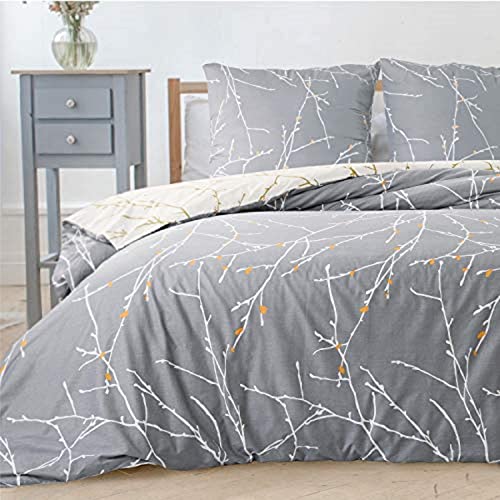 BEDSURE Bettwäsche 155x220 3teilig Bettbezug - Bettwäsche-Sets 155 x 220 cm mit 2 Kissenbezüge 80x80 cm, ÖKO-TEX Bettwäsche Set Muster Grau Zweige für Einzelbett mit Reißverschluss