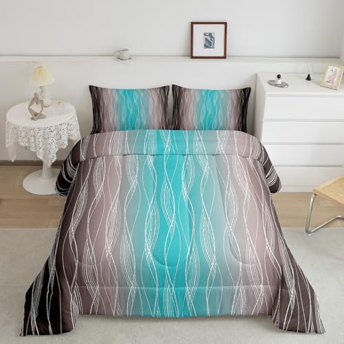Erosebridal Blaugrün und Braun Jungen-Bettwäsche-Set, geometrisch, silberfarben, gestreift, Queen-Size-Größe, für Herren, Farbverlauf, Türkis, Braun, Daunen, Steppdecke, ästhetisch, Steppdecke, 1