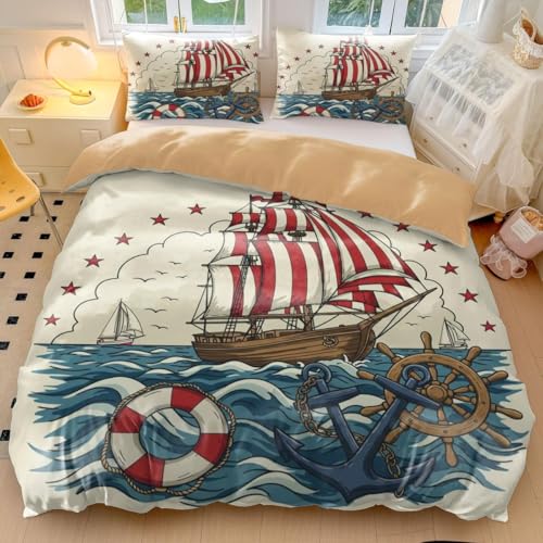 Nautisches Bettwäsche-Set, Vintage-Segelboot-Bettbez ug mit Anker, Schiffsrad und Streifen, klassisches marineblaues Thema Bettwäsche mit 2 Kissenbezügen (Stil 3, Einzelbett 135 x 200 cm + 50 x 75 cm x