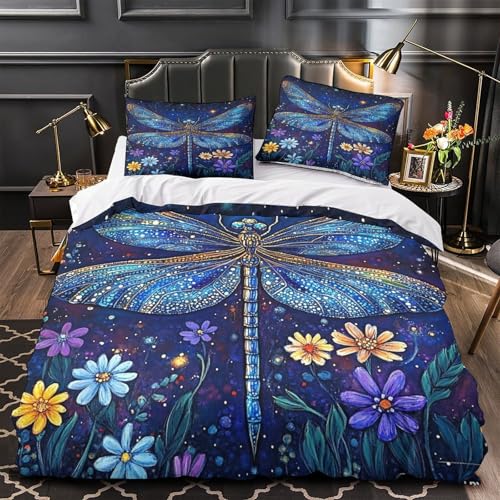 RJAVAGFZL Libellenkunst 3D-Bedruckt 3er-Set Kuschelbezug Sternennacht-Fantasie Bettdeckenbezug Mikrofaser Hypoallergen Reißverschluss für Kleinkinder Jugendliche Männer Single (135x200cm)