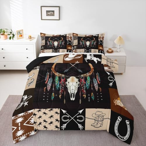 Western-Bettwäsche-Set, volle Größe, Landhaus-Kuh-Bettwäsche- Set mit Südwesten, Longhorn-Totenkopf-Bettw sche-Set für Cowboy, Cowgirl, Boho, West, Südwesten, ethnische Steppdecke, rustikales