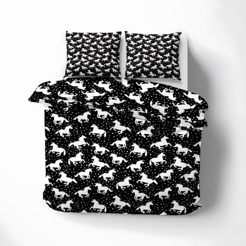 Generisch Pferde Einhorn Bettwäsche 140x200, Gepunktet Tupfen Schwarz Weiß Wendebettwäsche, 2tlg Weiche Microfaser Bettbezug Set, Deckenbezug und 1 Kissenbezug 70x90 mit Reißverschluss - SDF848