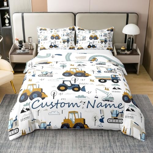 Homewish Jungen Cartoon Auto Benutzerdefinierter Name Baumwollbettwäsche 200x200 Kinder BAU Fahrzeuge Bettbezug Jugendliche Traktor Maschinerie Bagger Bettwäsche LKW Autos Bedding Wohndekor 3 Teilig